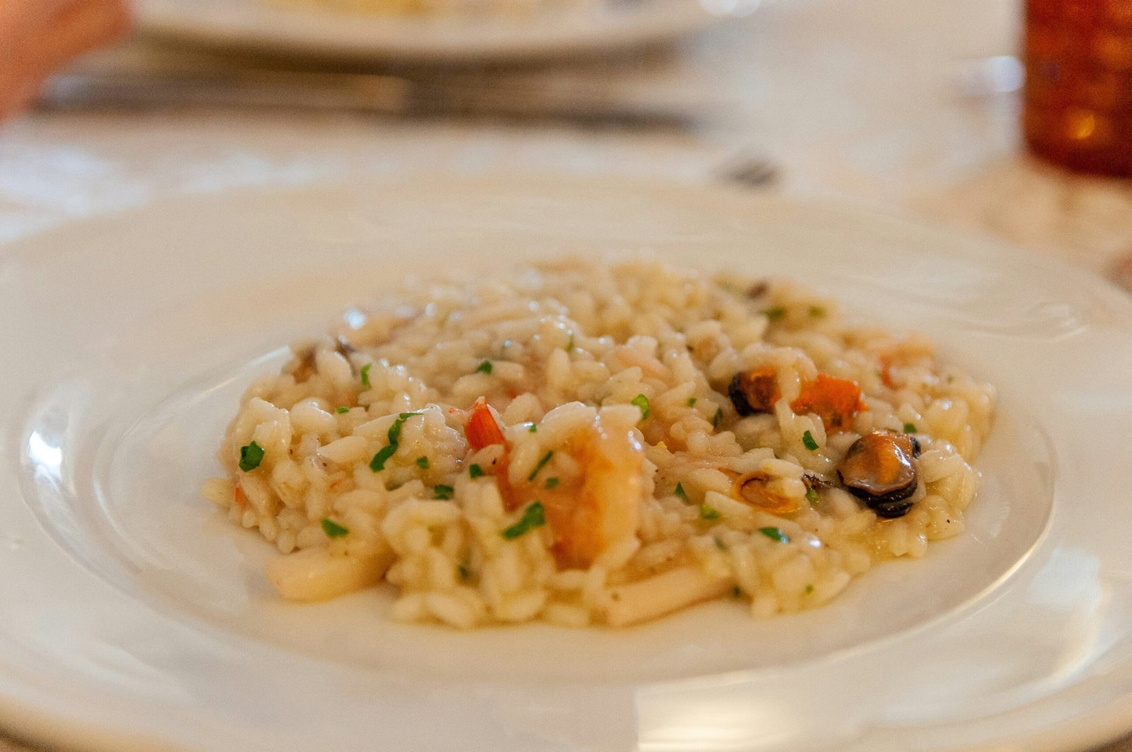 white pasta with green peas on white ceramic plate